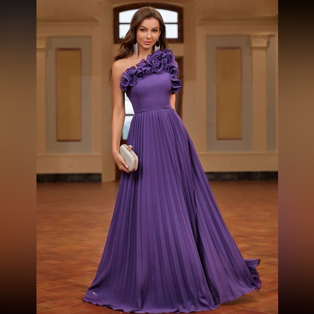 Belle One Shoulder Ruffle Trim Pleated Formal Dress